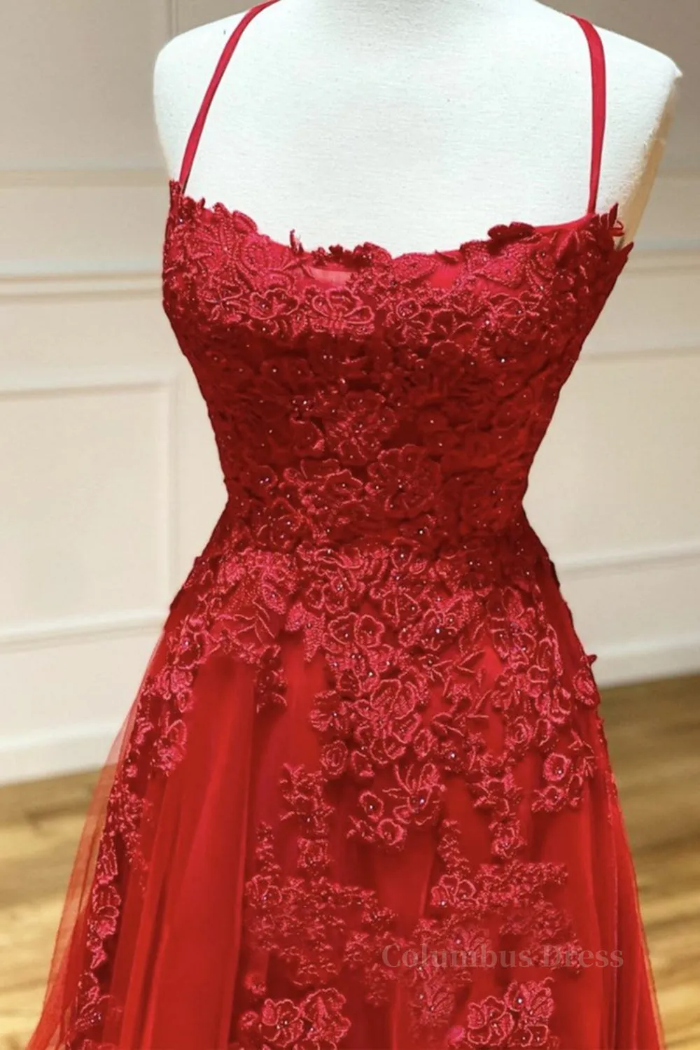 A Line Backless Red Lace Long Prom Dress, Long Red Lace Formal Dress, Red Evening Dress