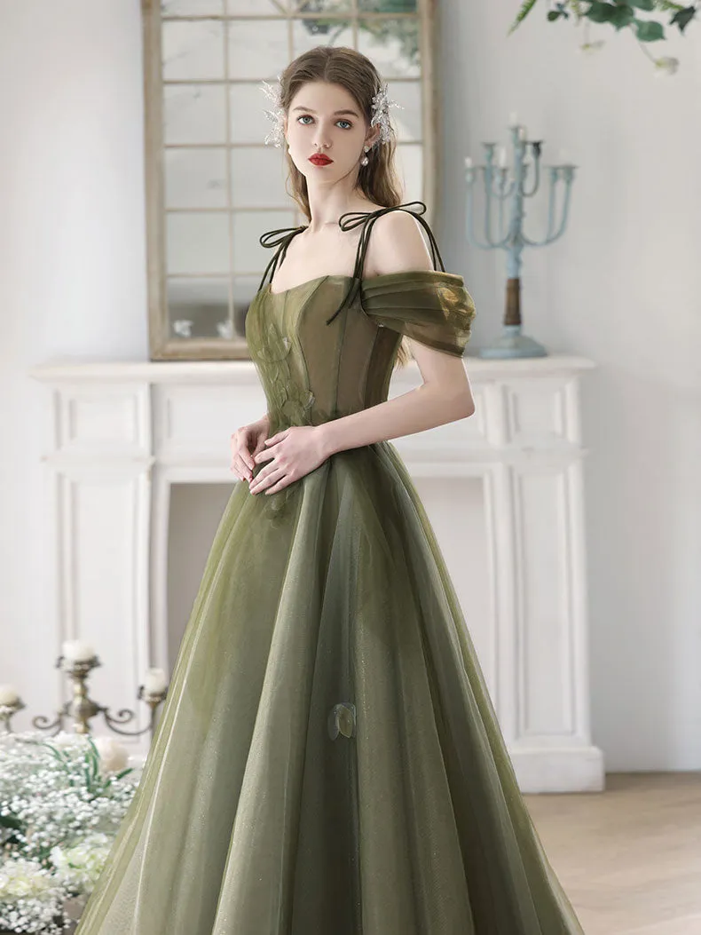 A-Line Off Shoulder Green Tulle Long Prom Dress, Green Formal Dresses