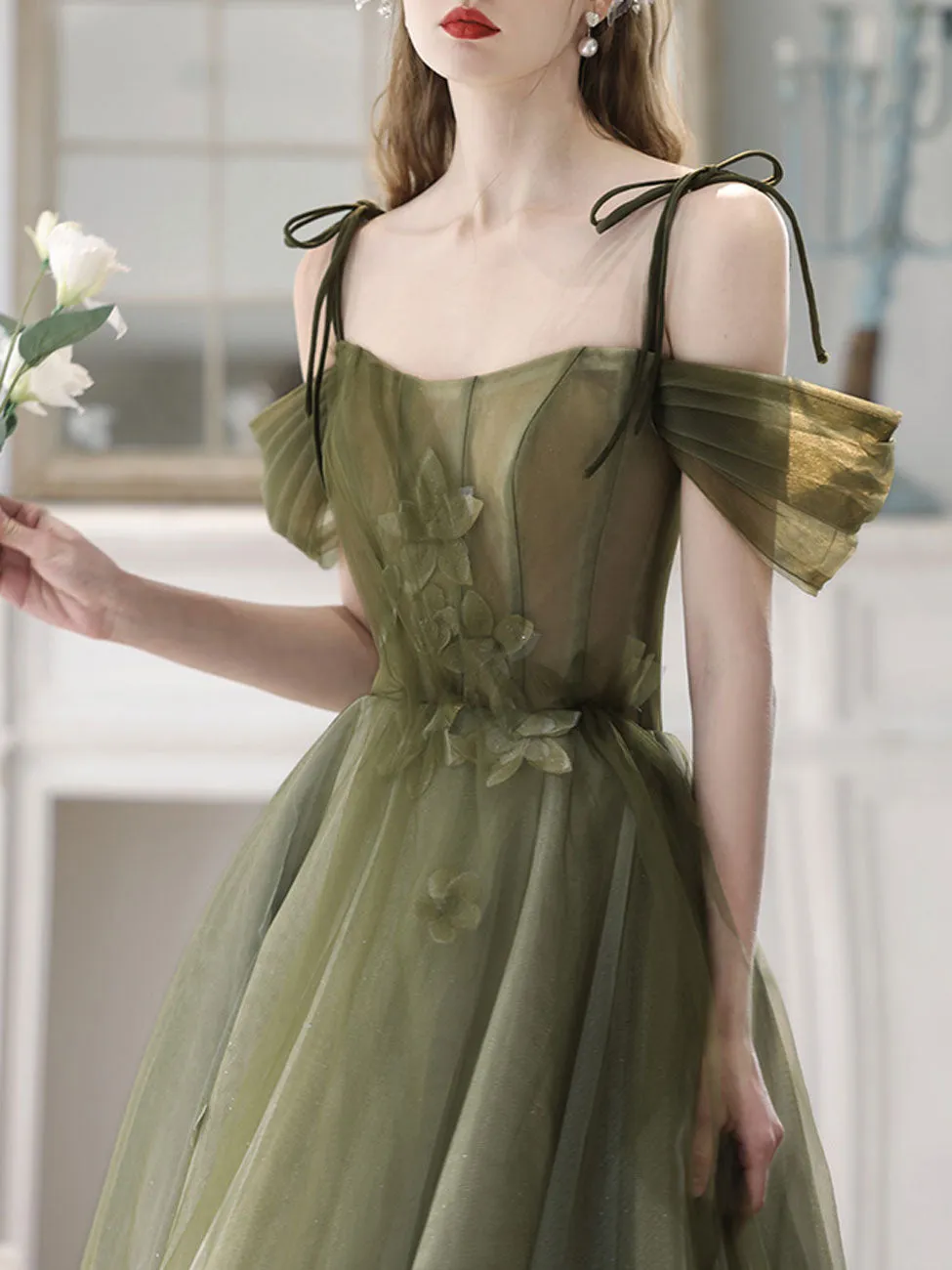 A-Line Off Shoulder Green Tulle Long Prom Dress, Green Formal Dresses