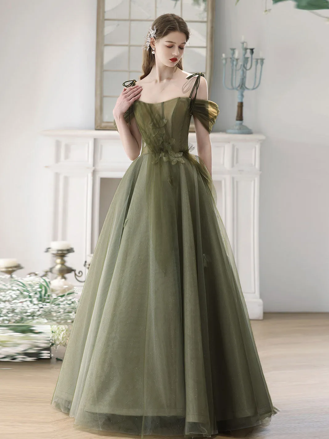 A-Line Off Shoulder Green Tulle Long Prom Dress, Green Formal Dresses