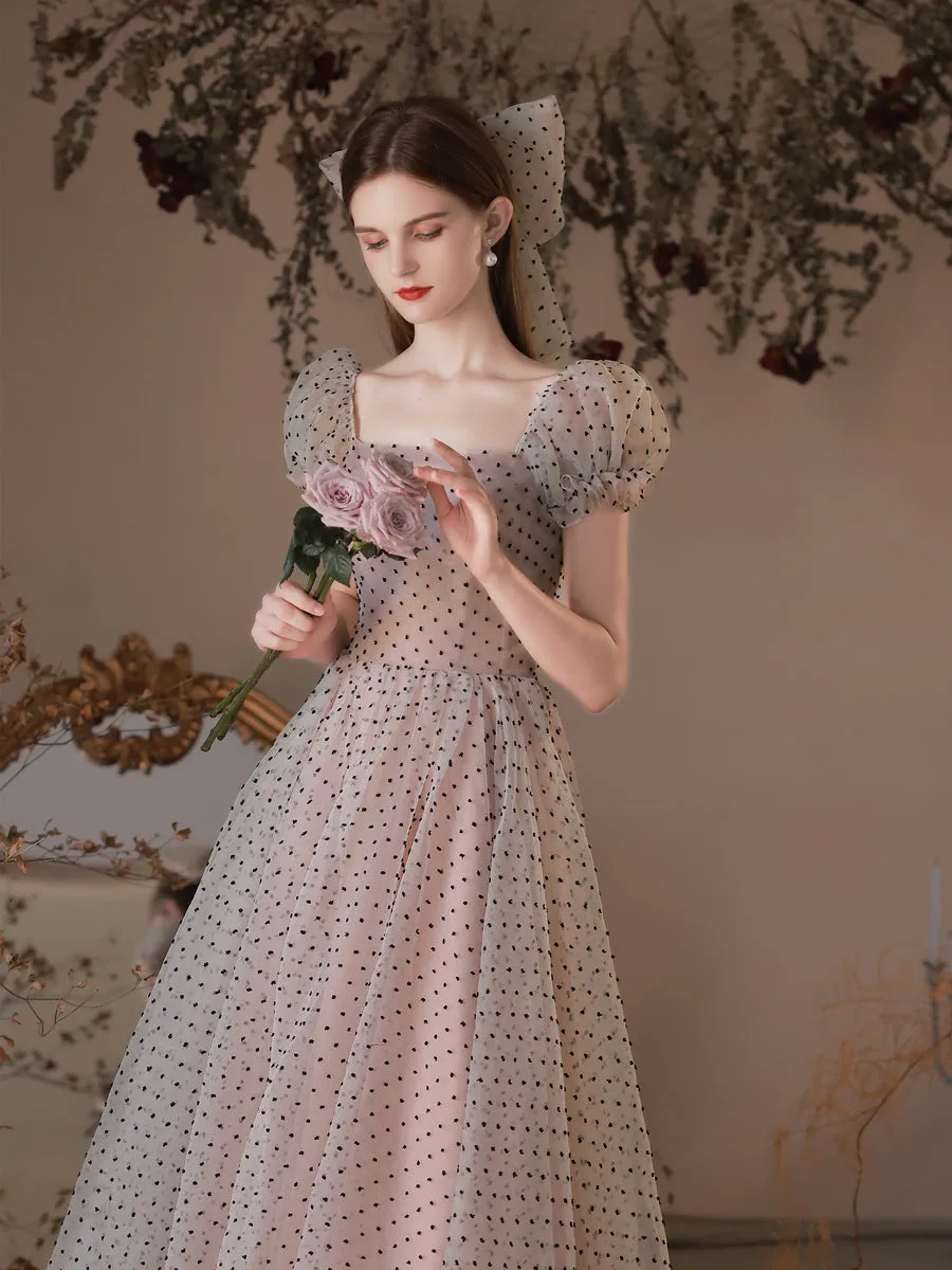 A Line Polka Dot Tulle Tea Length  Pink Prom Dresses, Puff Sleeves Homecoming Dress