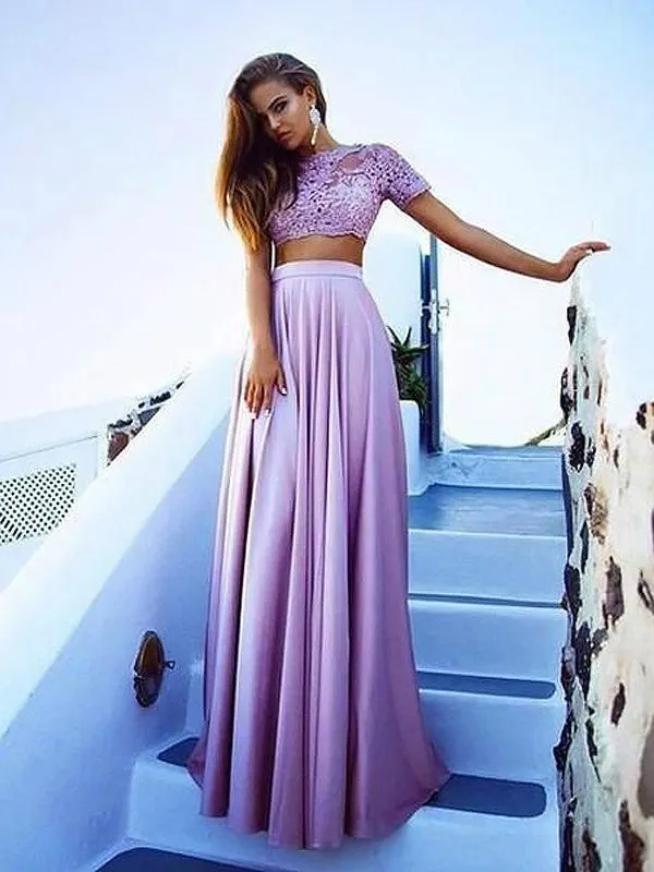 A Line Short Sleeves Two Pieces Lace Purple Prom Dress, Lace Formal Dress, Graduation Dress