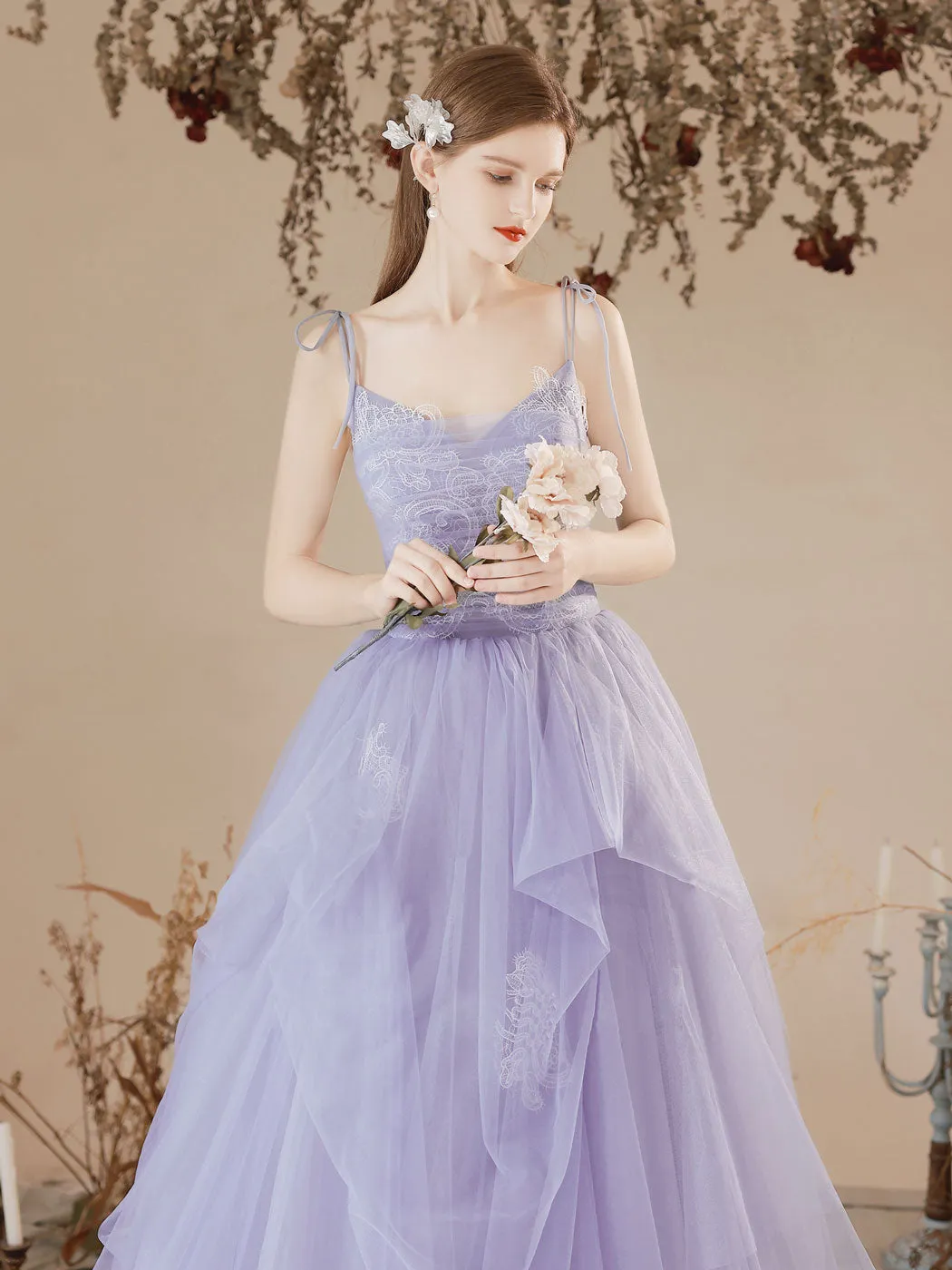 A-Line Tulle Lace Purple Long Prom Dresses, Purple Formal Evening Dress