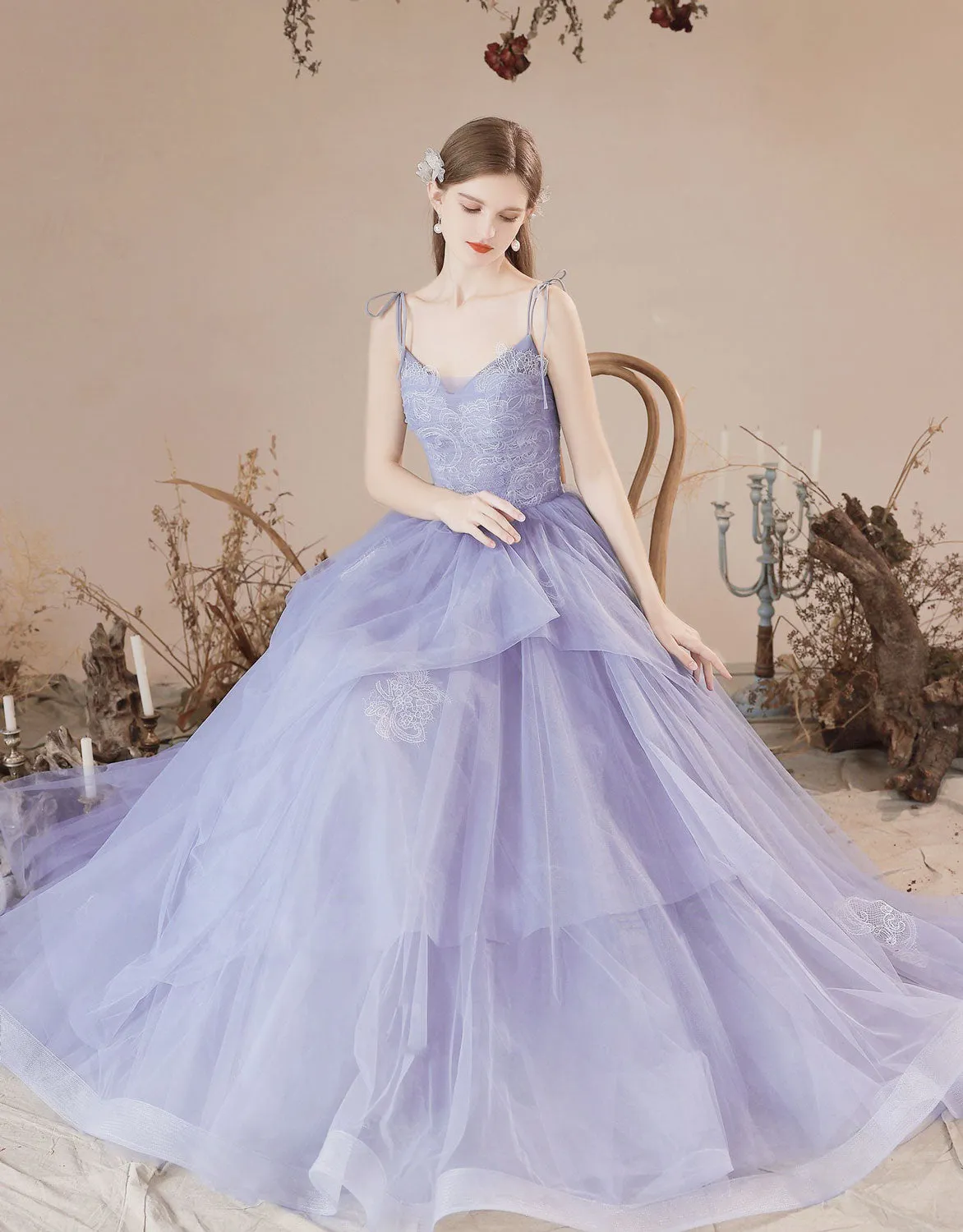 A-Line Tulle Lace Purple Long Prom Dresses, Purple Formal Evening Dress