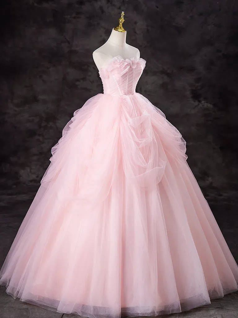 A-Line Tulle Pink Long Prom Dress, Pink Long Sweet 16 Dress