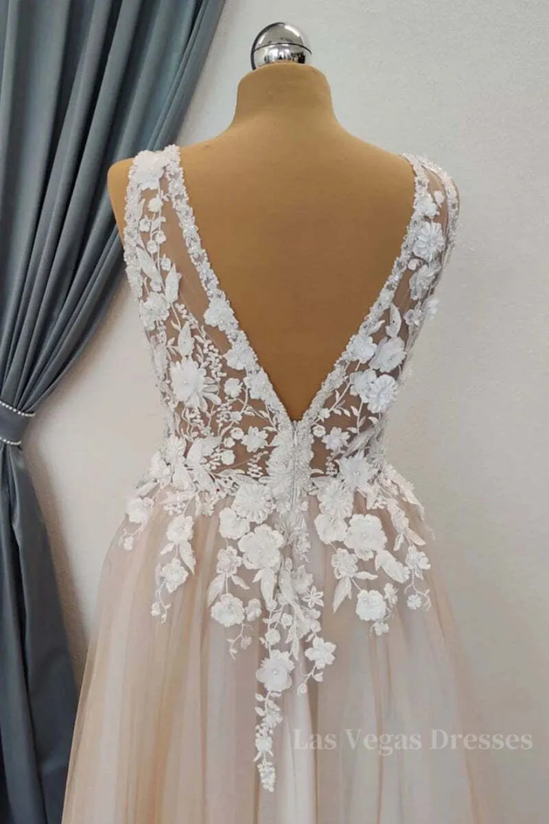 A Line V Neck Appliques Lace Prom Dress, Lace Formal Graduation Evening Dress