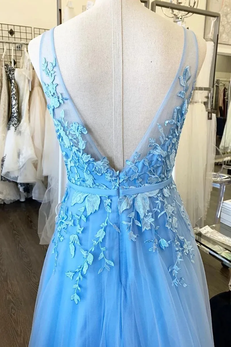 A Line V Neck Backless Lace Light Blue Long Prom Dresses, V Neck Backless Blue Formal Dresses, Backless Lace Blue Evening Dresses