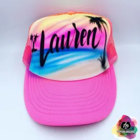 Airbrush Beach with Palm Trees Hat Design