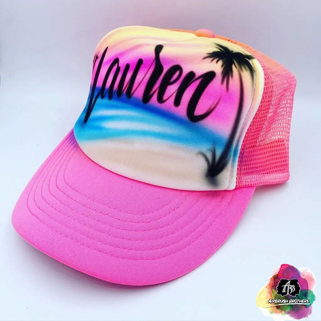 Airbrush Beach with Palm Trees Hat Design