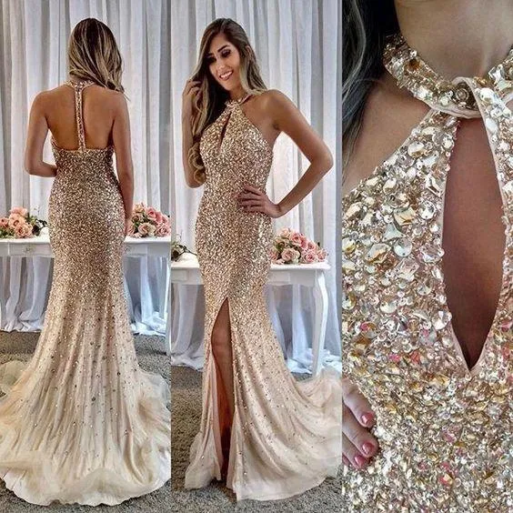 Beaded Prom Dress with Slit, Prom Dresses, Evening Dress, Dance Dress, Graduation School Party Gown, PC0360