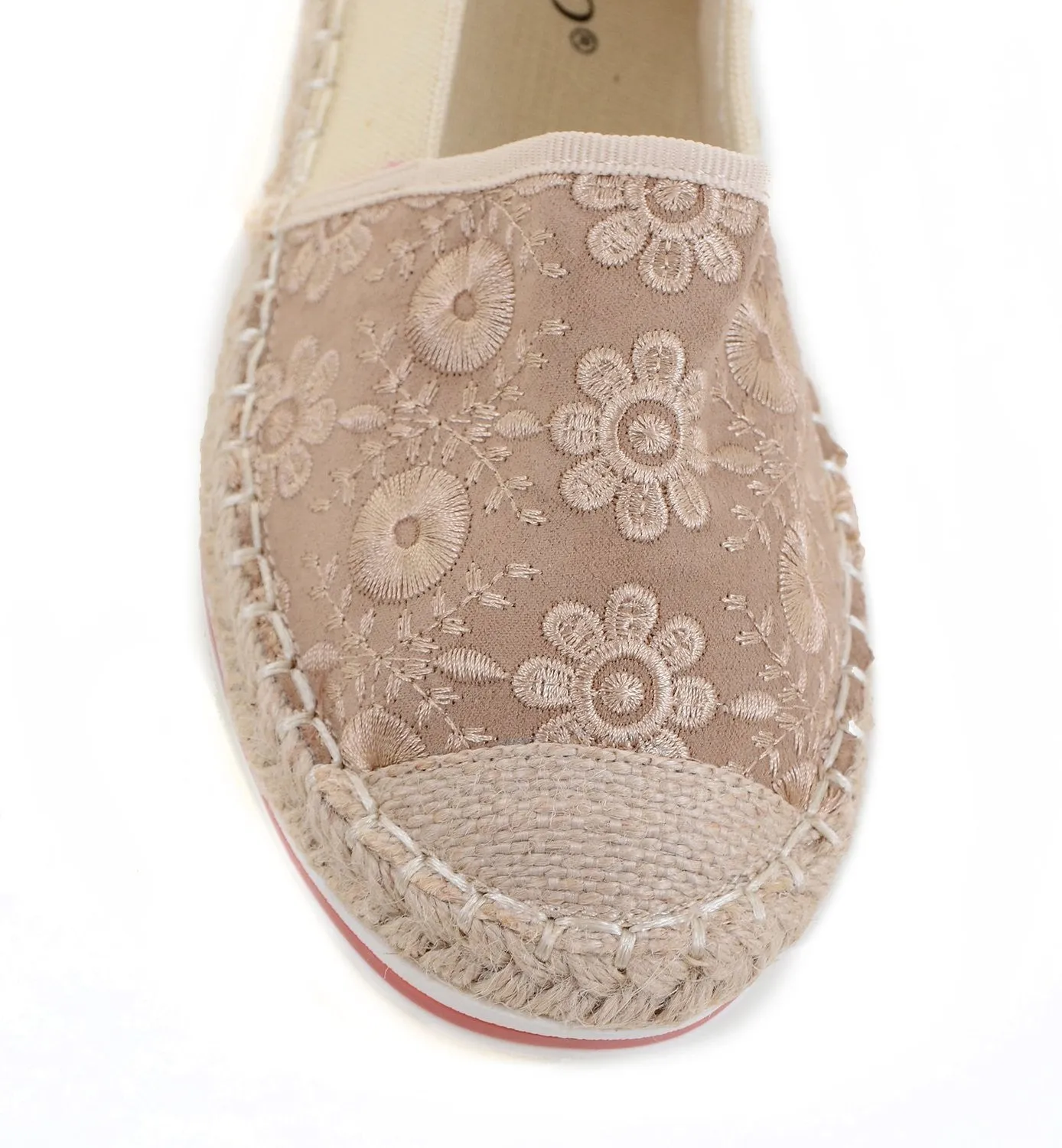 Beige Stitched Flower Canvas Cap Toe Stripes Espadrille Skimmer Loafer Flat