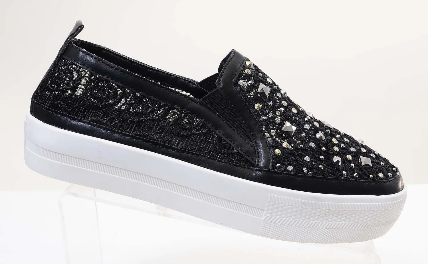 Black Rose Lace Rhinestone Slip On Platform Sneakers Women's