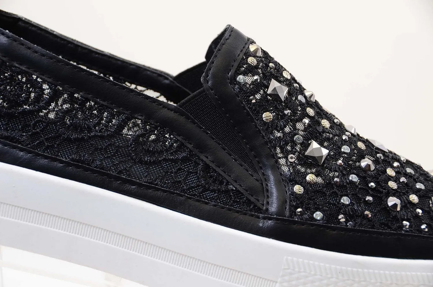 Black Rose Lace Rhinestone Slip On Platform Sneakers Women's