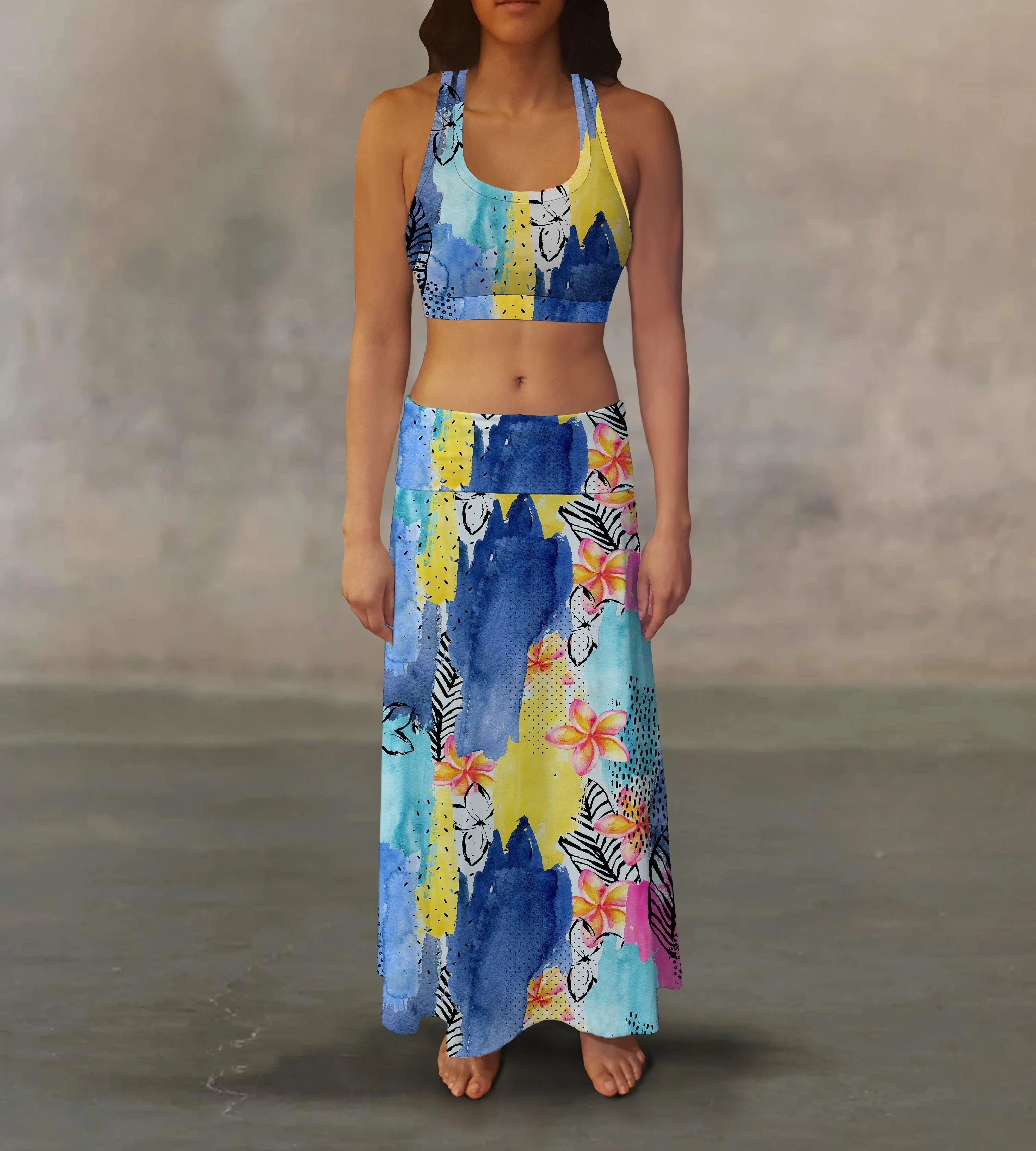 Blue Yellow Flowers Maxi Skirt