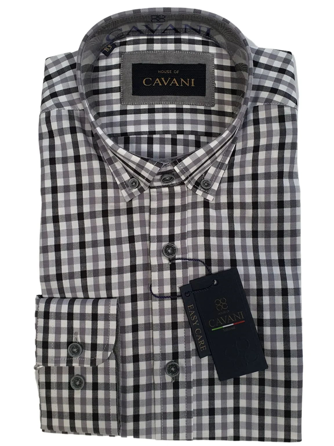 Cavani Men's Grey Gingham Button Down Collar Shirt