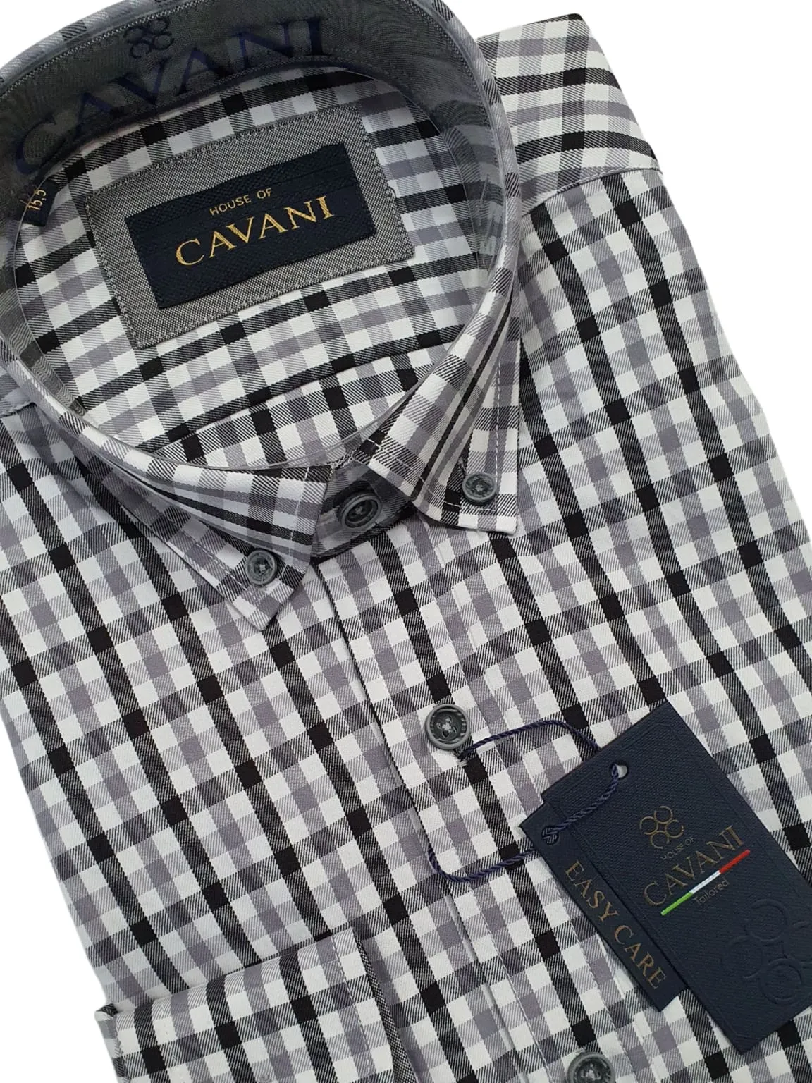 Cavani Men's Grey Gingham Button Down Collar Shirt