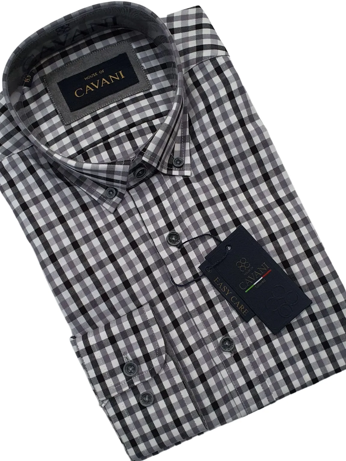 Cavani Men's Grey Gingham Button Down Collar Shirt