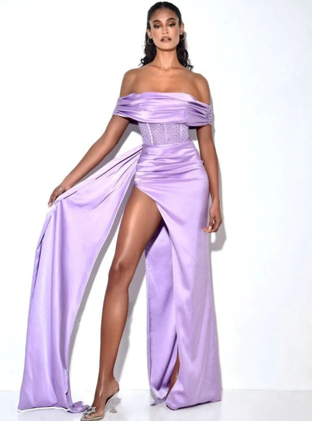 Crystal Corset Satin Maxi Dress - Purple