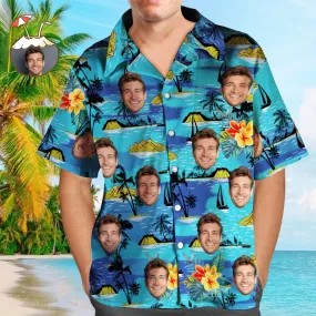 Custom Face Hawaiian Shirt Men's All Over Print Large Leaves Short Sleeve Shirt