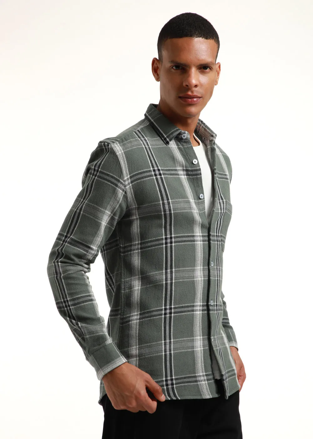 Dobby Check Olive Green Shirt