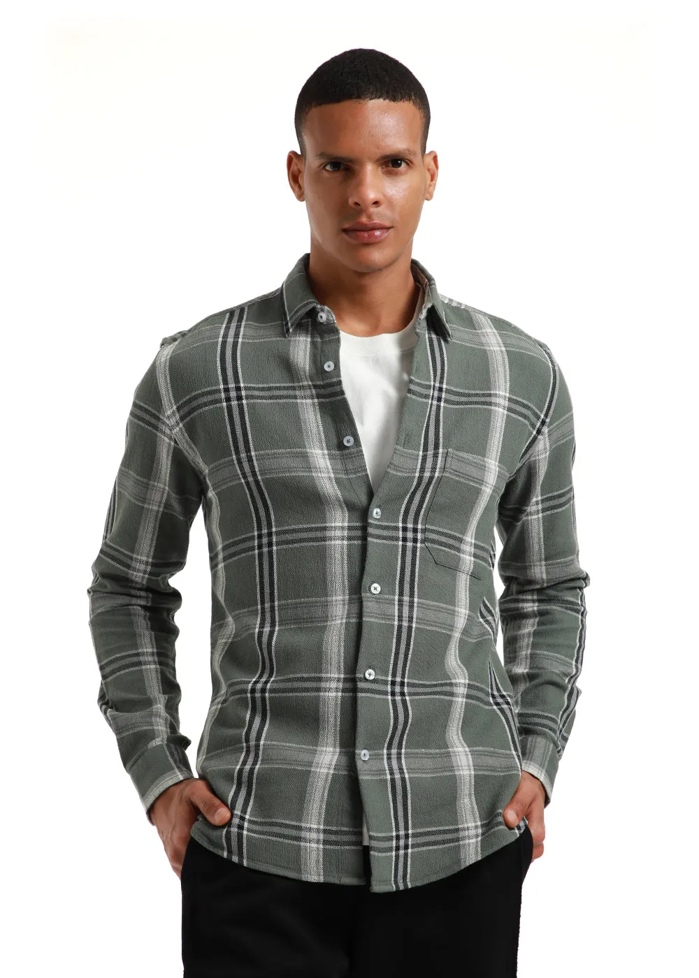 Dobby Check Olive Green Shirt