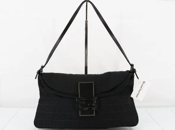 FENDI Zucchino Shoulder Bag Canvas/Leather Black