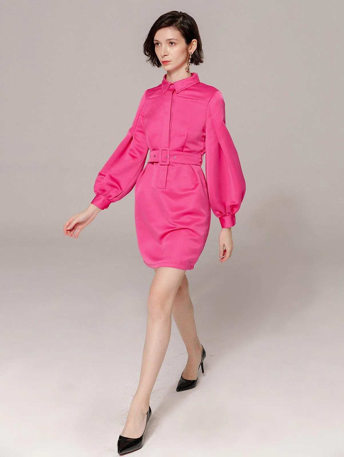 Fuchsia Long Puff Sleeve Belted Shirtdress