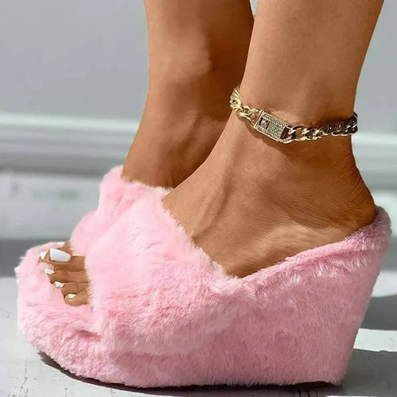 Fur Wedge Heel Slippers