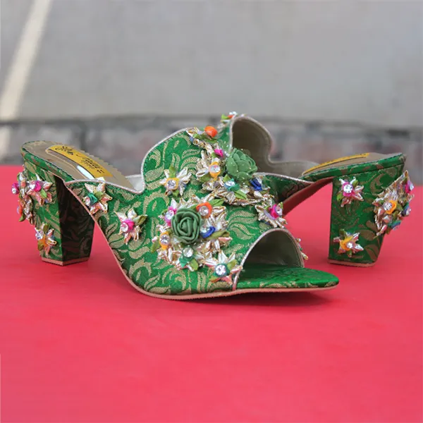 Green Fancy Heel Slippers for women