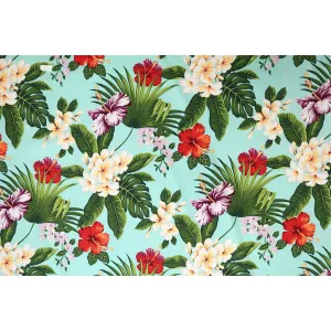 Hibiscus/Plumeria 100% Cotton Hawaiian Fabric -Aqua C030T