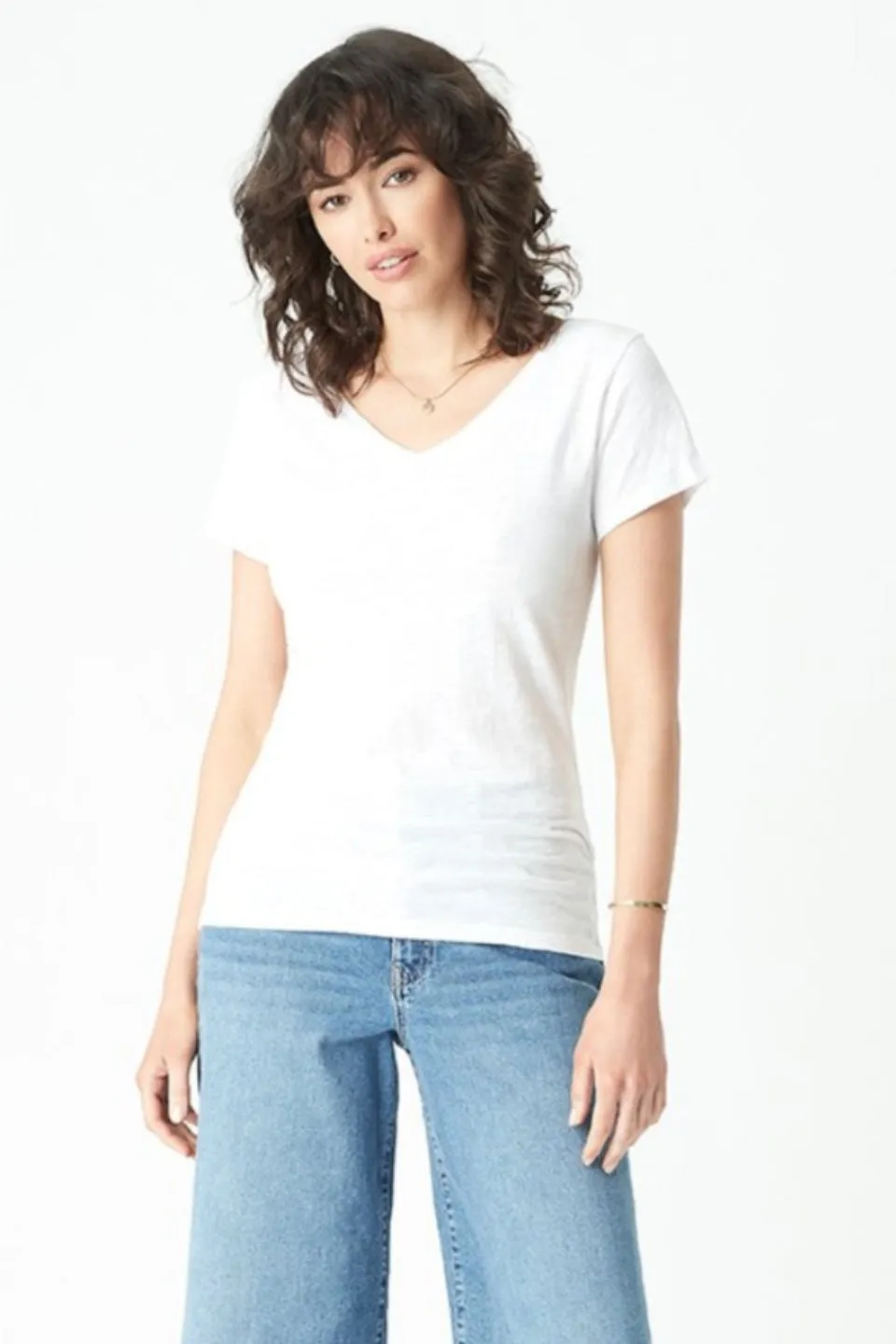 Luna White Cotton V Neck Tee