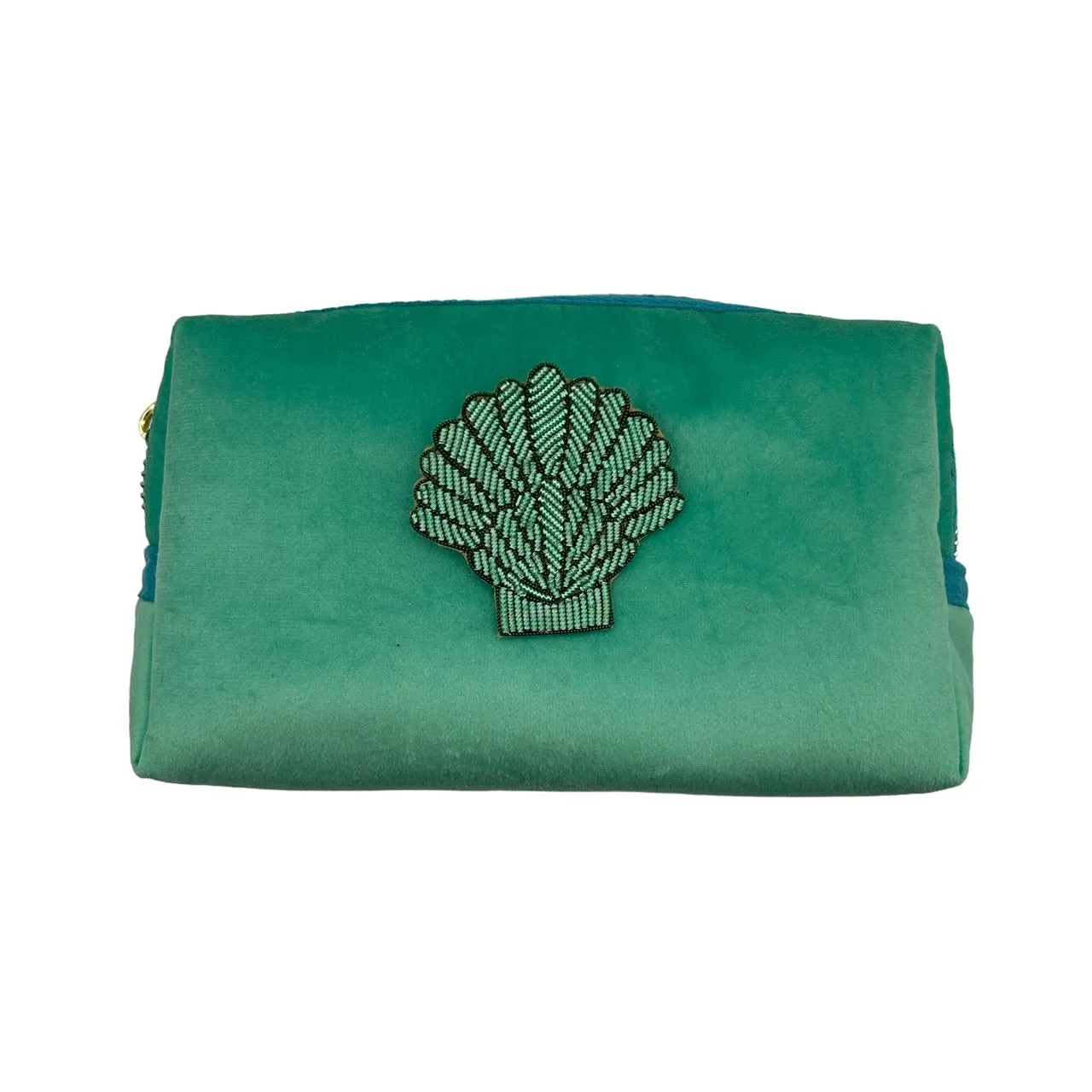 Marine make-up bag & mint shell brooch - recycled velvet, large and small