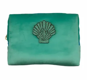 Marine make-up bag & mint shell brooch - recycled velvet, large and small