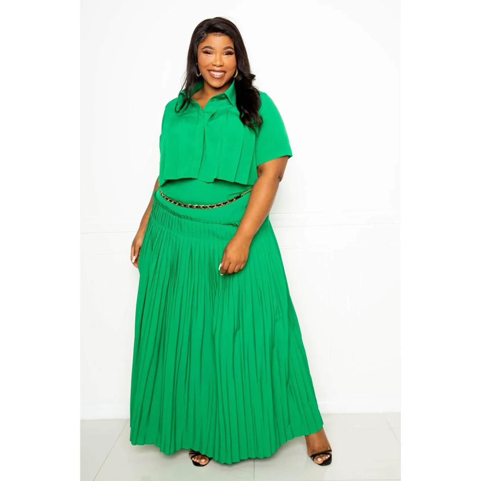 Pleated Cropped Shirt And Maxi Skirt Set