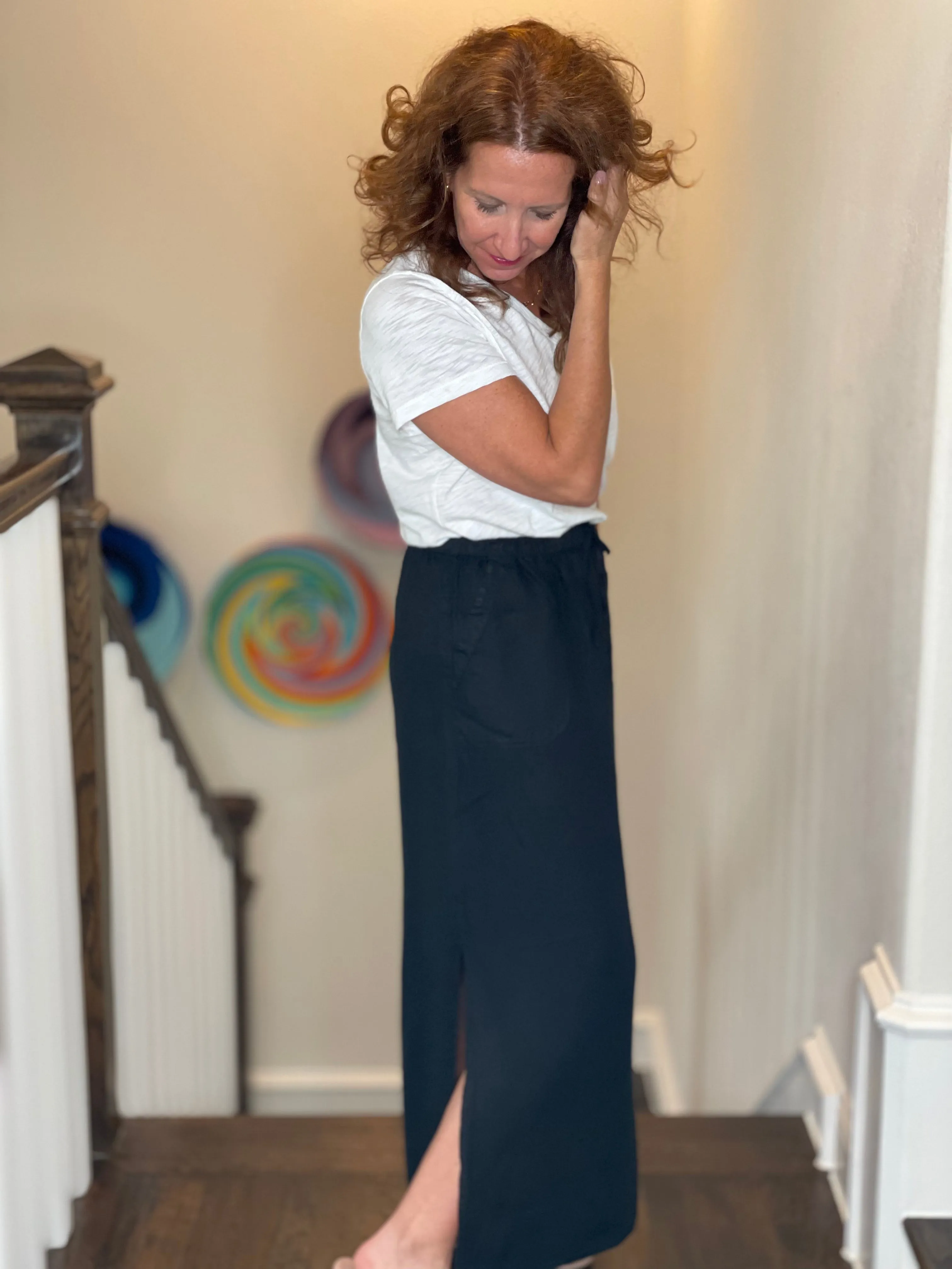 Pure Amici Long Linen Skirt in Black