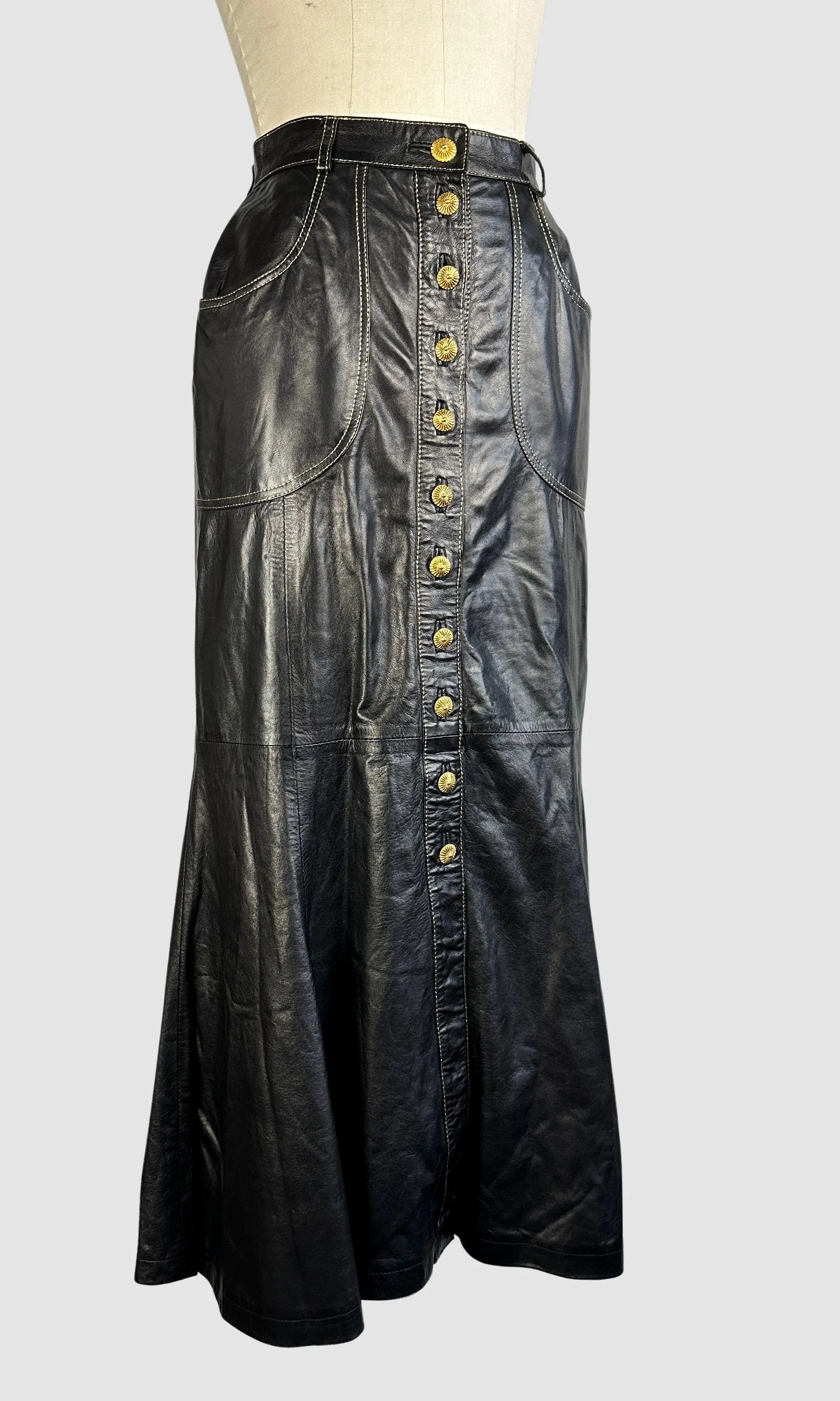 ROBERTO CAVALLI 90s Black Leather Midi Skirt  Small