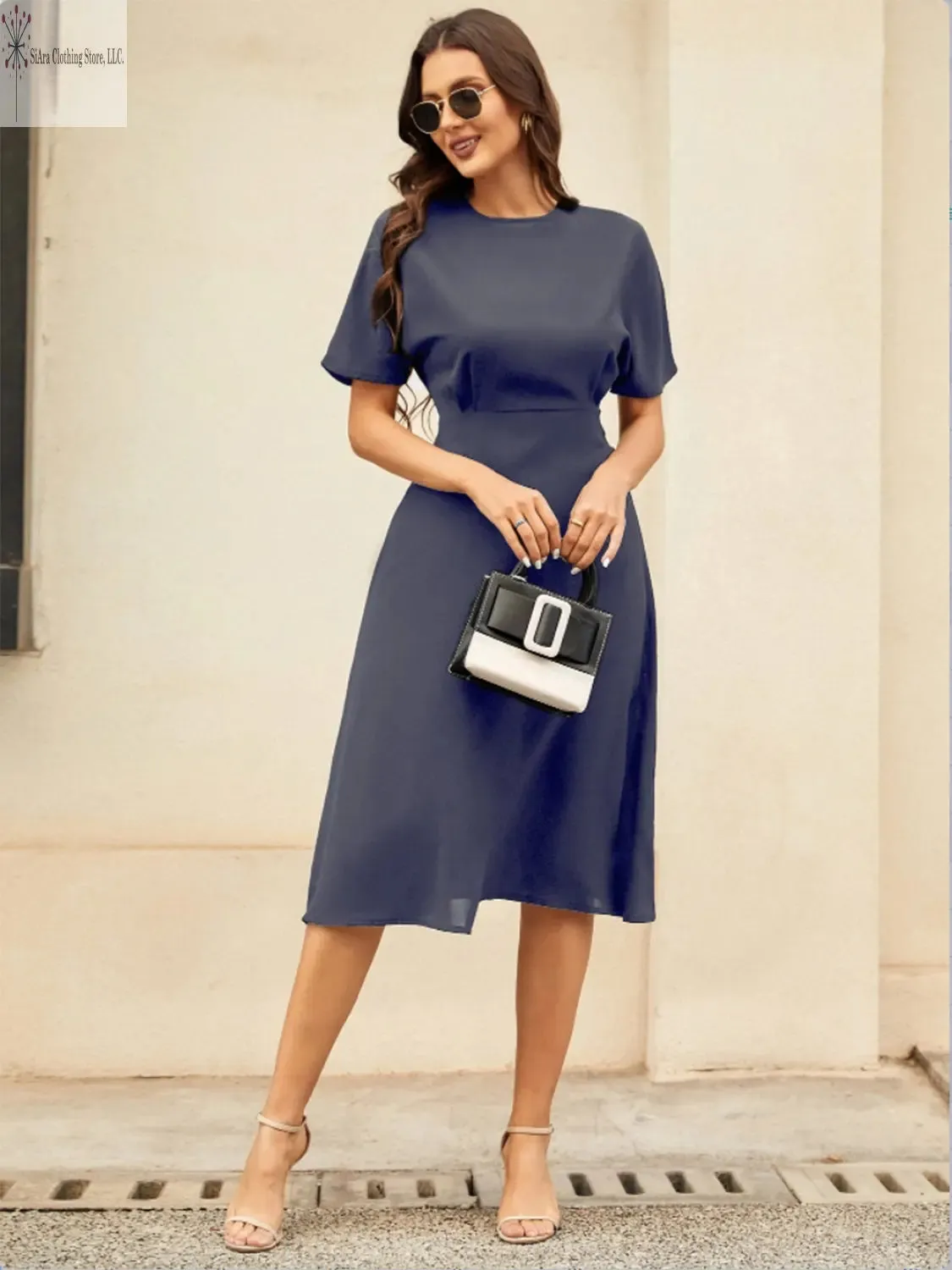 Short Sleeve Midi Dress Round Neck