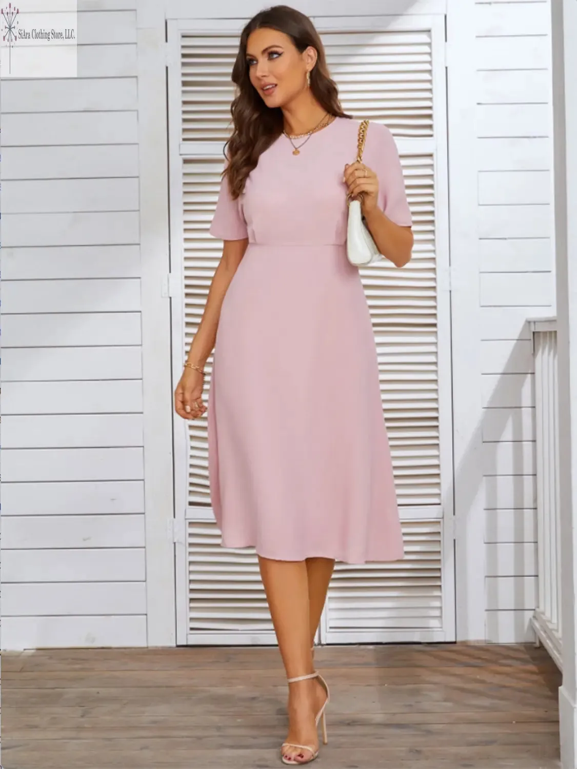 Short Sleeve Midi Dress Round Neck