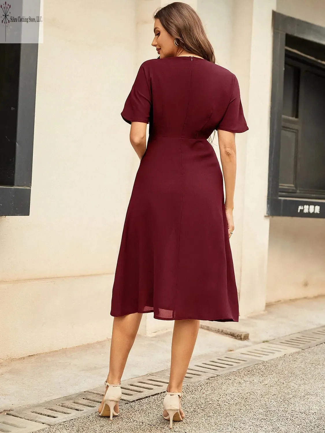 Short Sleeve Midi Dress Round Neck