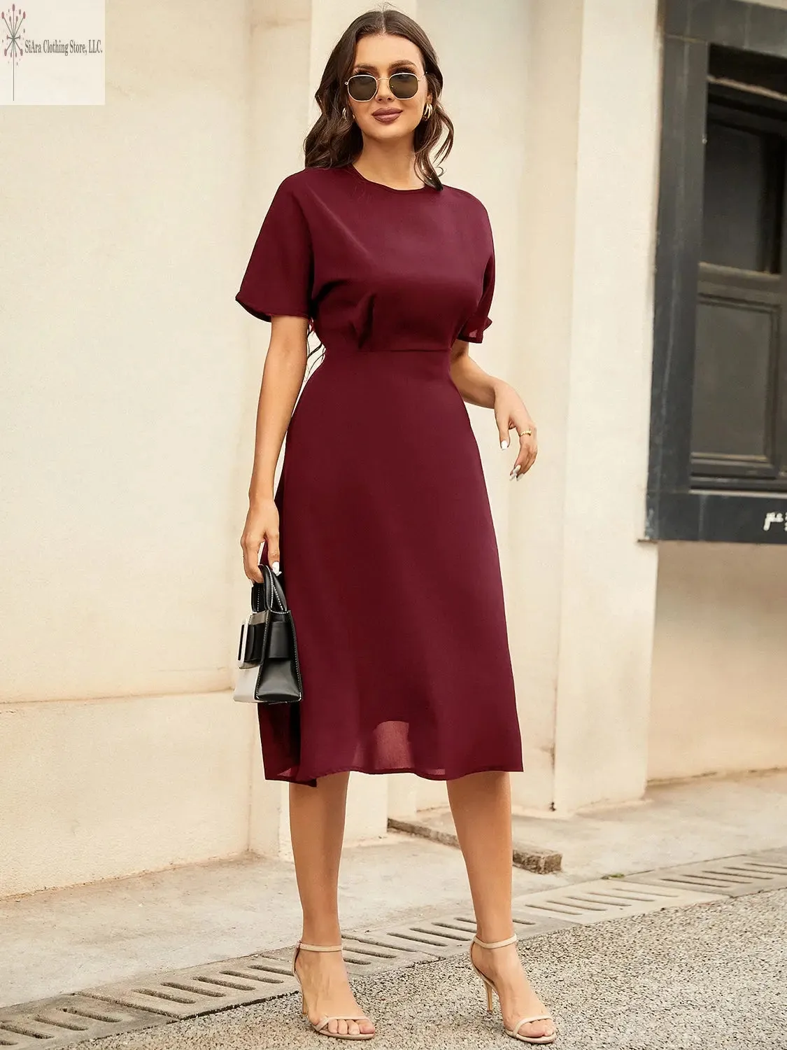 Short Sleeve Midi Dress Round Neck