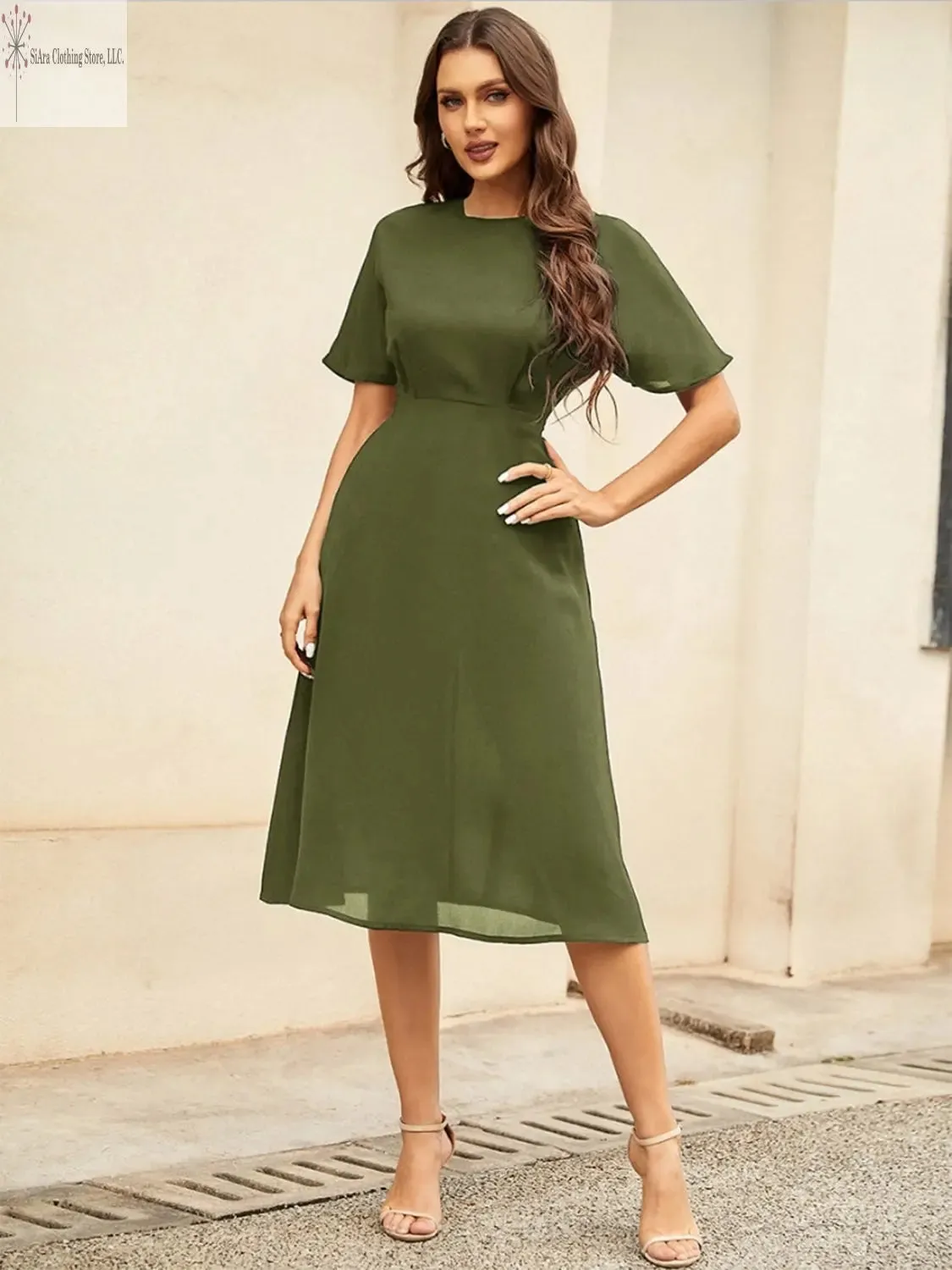 Short Sleeve Midi Dress Round Neck