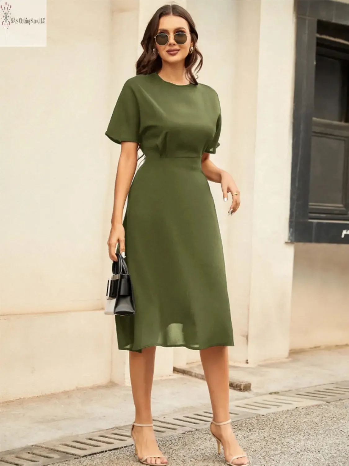 Short Sleeve Midi Dress Round Neck