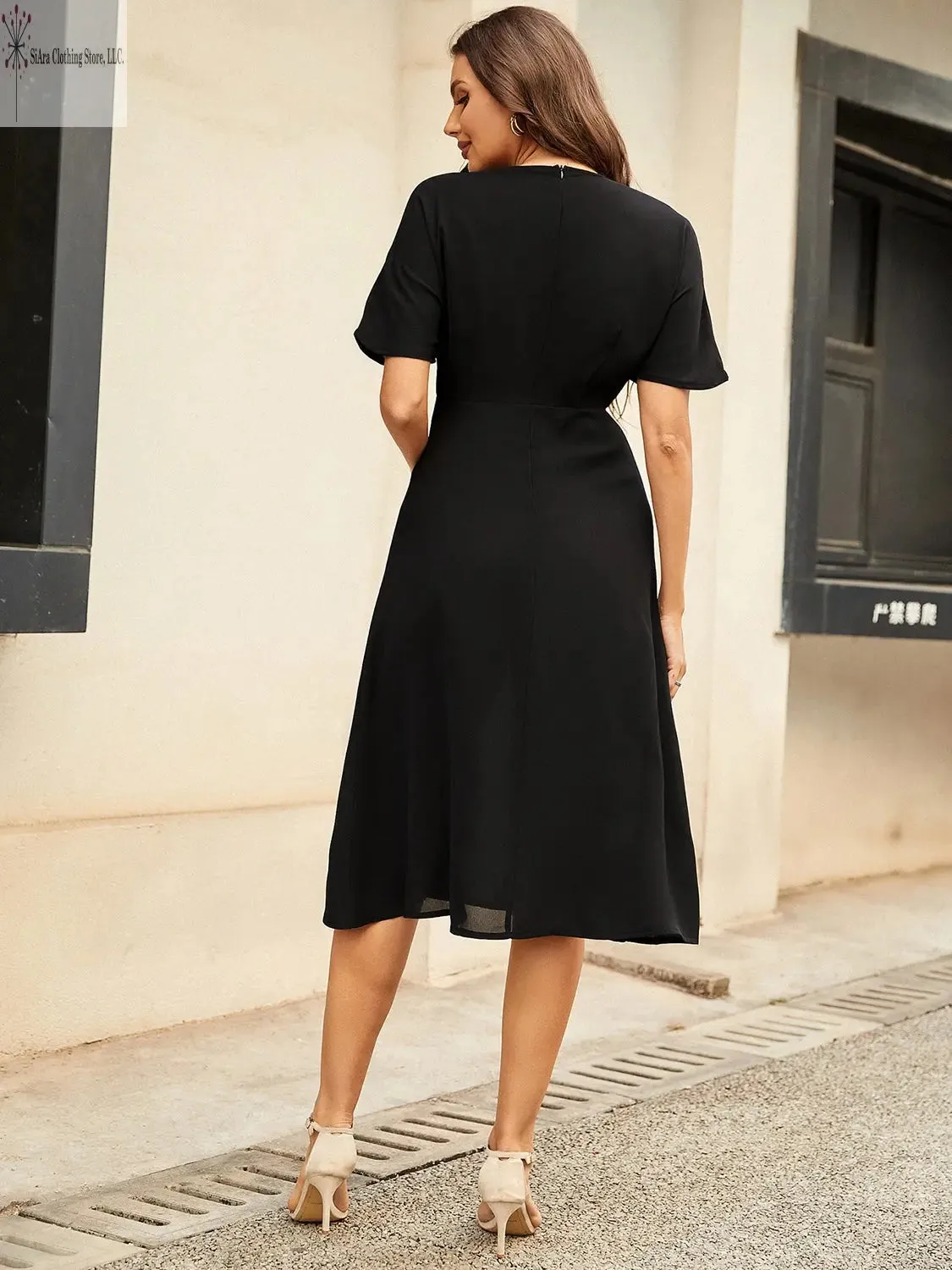 Short Sleeve Midi Dress Round Neck