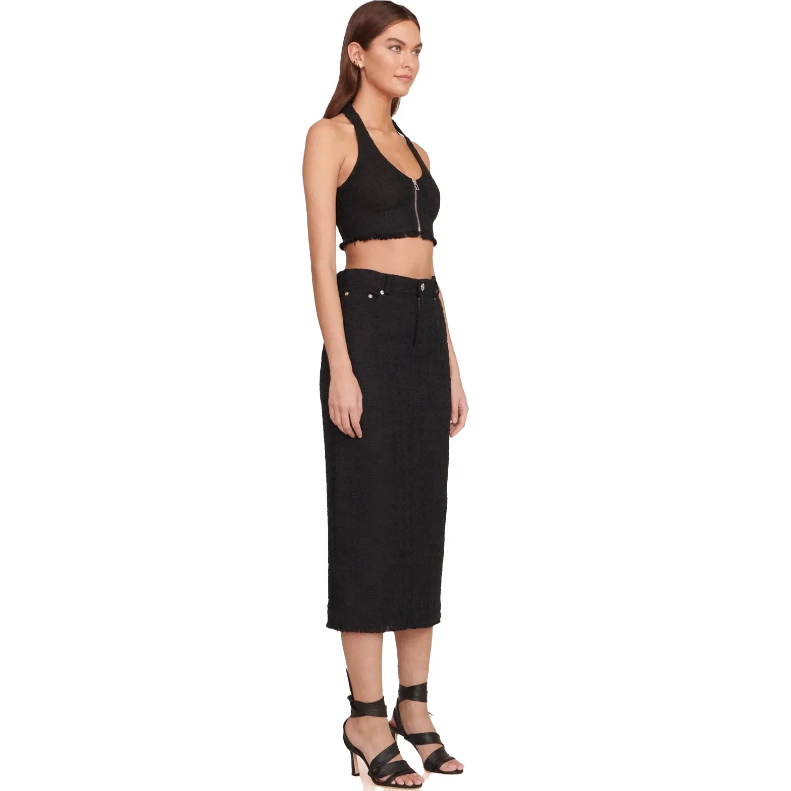 Staud Guinevere Black Tweed Midi Skirt