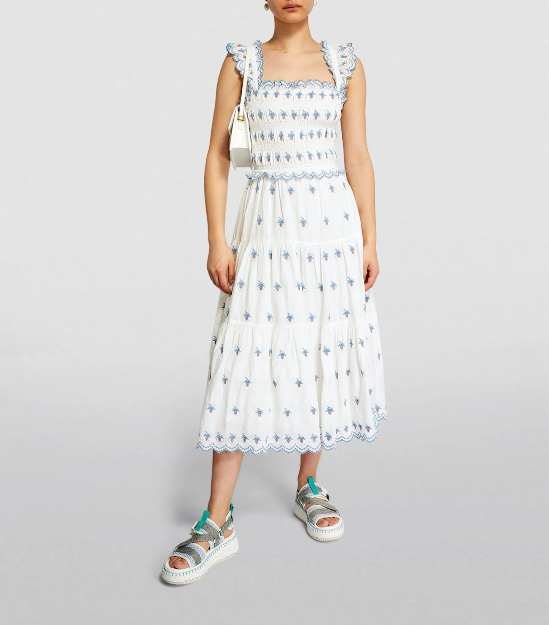 Sweet Strawberry Embroidered Broderie Anglaise Midi Dress | Organic Cotton Summer Sundress