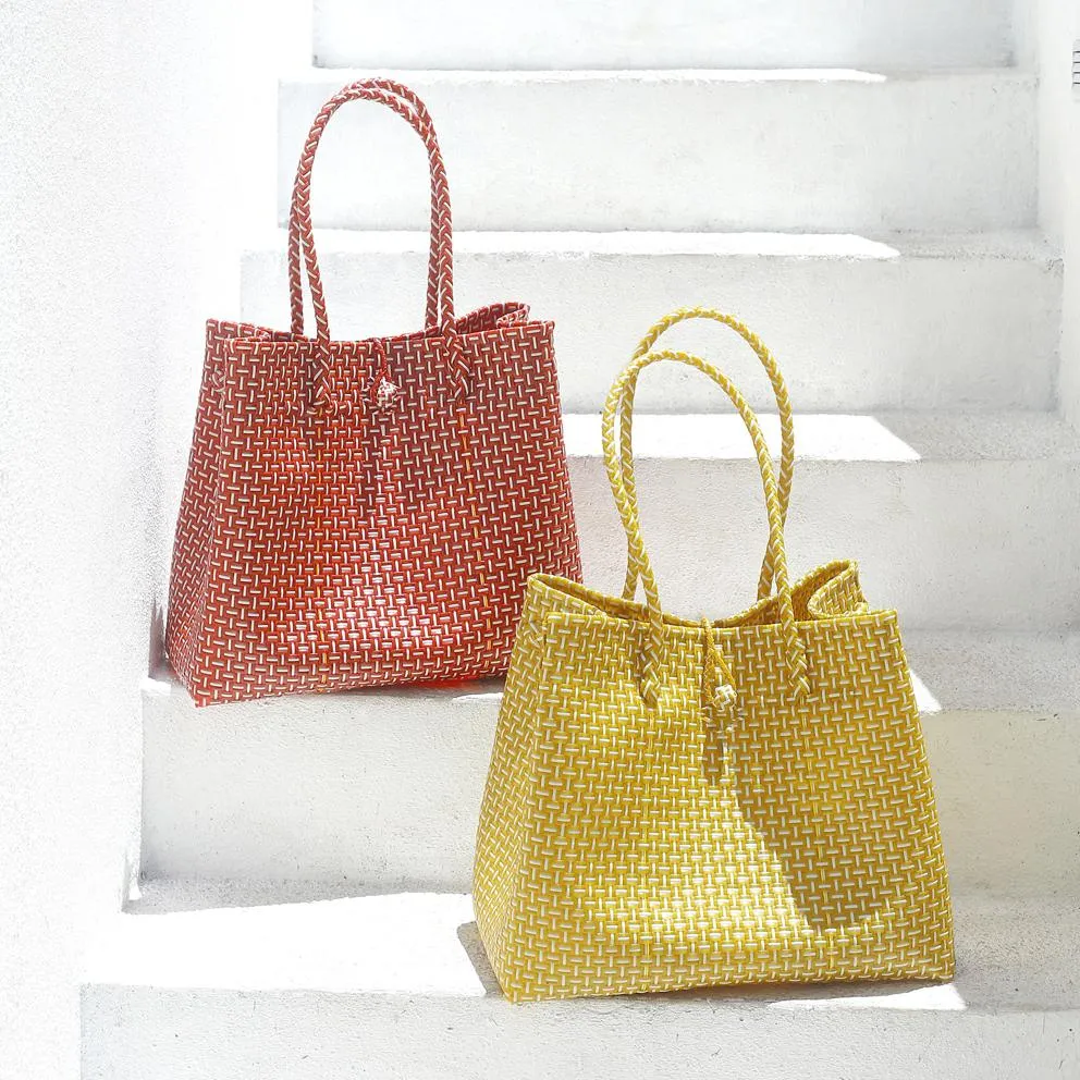 Toko Bazaar Woven Tote Bag - In Mustard Yellow & White