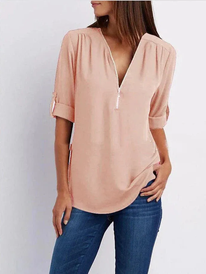 V Neck Zipper Women's Blouse Shirt for Summer