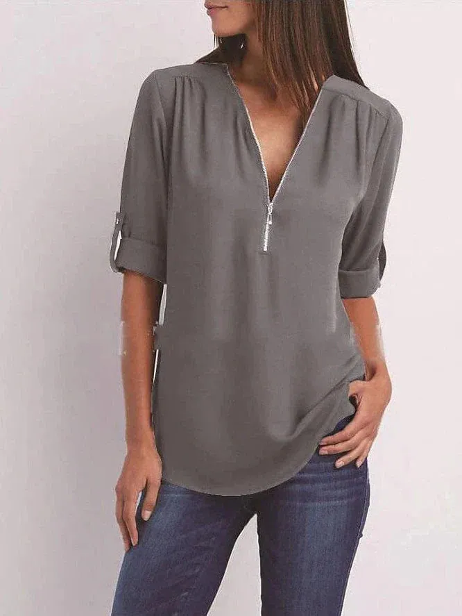 V Neck Zipper Women's Blouse Shirt for Summer