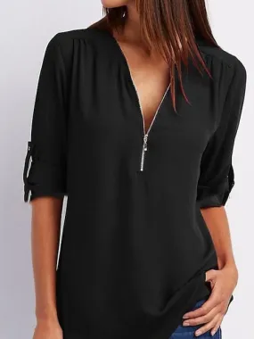 V Neck Zipper Women's Blouse Shirt for Summer