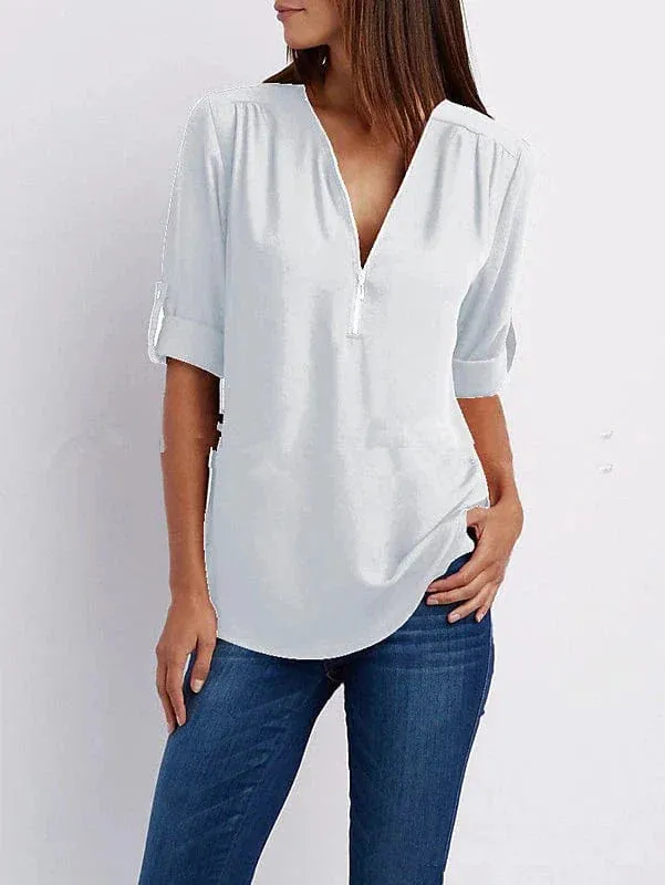 V Neck Zipper Women's Blouse Shirt for Summer